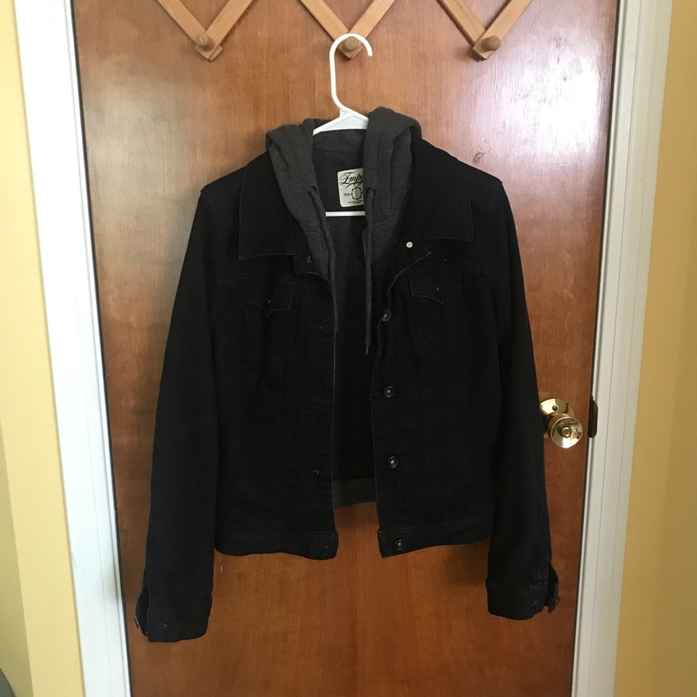 Denim jacket with sewed in hood